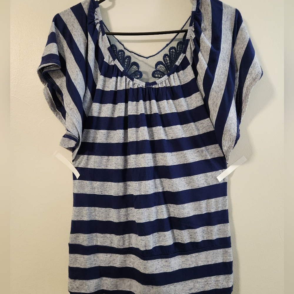 🦋 Navy and Gray Striped Women's Blouse With Lace Back Detail.